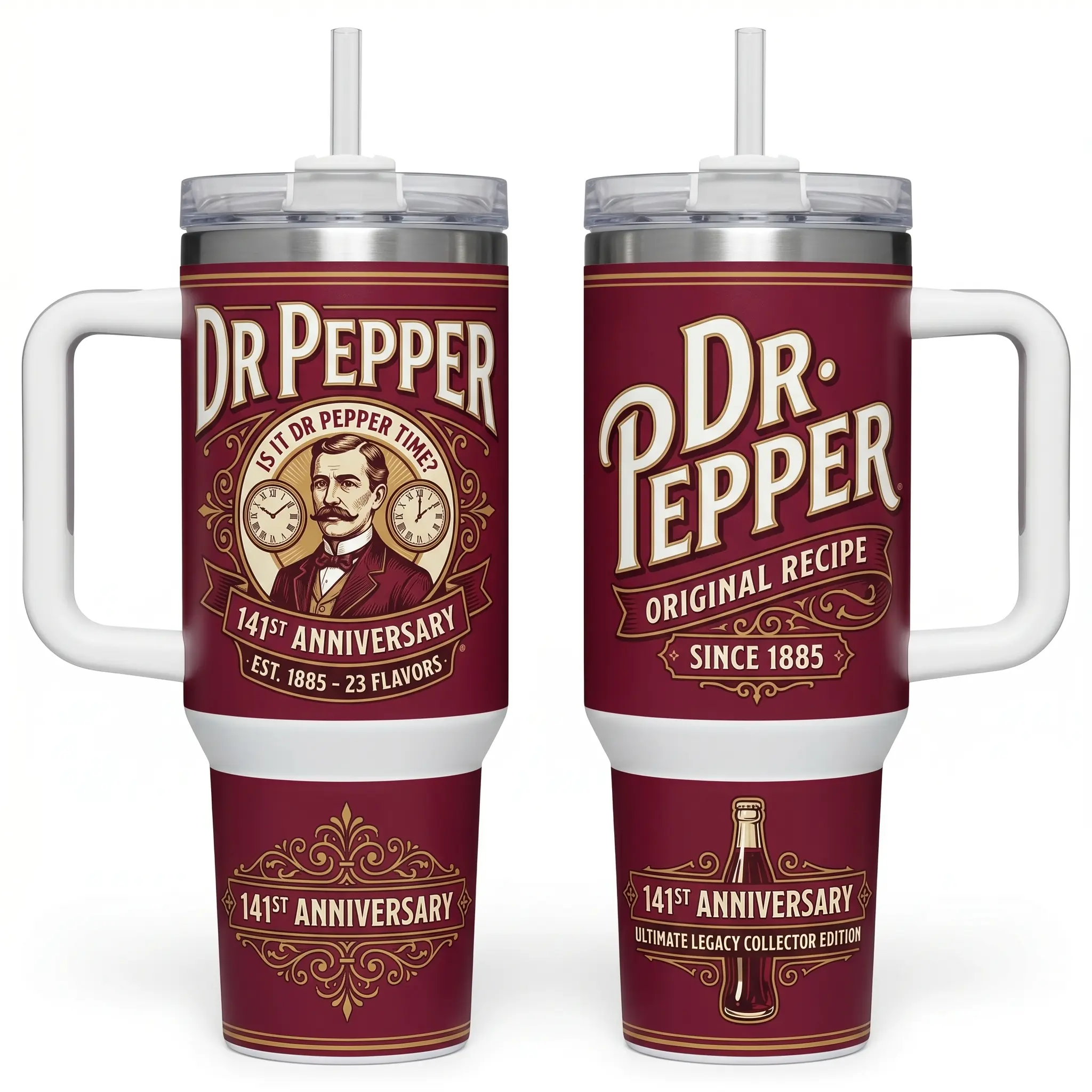 Dr Pepper 141st Anniversary Tumbler 40oz With Handle & Straw, Vintage Soda Collector Cup, Retro Dr Pepper Fan Gift, Limited Edition 1885-2026 Drinkware, 23 Flavors Travel Mug Stainless Steel, Insulated Style Tumbler For Soda Lovers, Flasks Loyal Fans