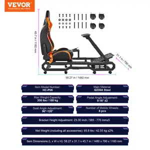 VEVOR Racing Wheel Stand with Wheels For Logitech G923/G920/G29, Heavy Duty Steel Driving Simulator Cockpit-Thrustmaster T248P, Steering Wheel Bracket Foot Pedal Adjustable, Max Load 330 LBS