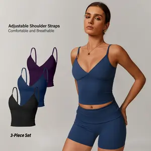 3-Pack Summervibes Women's Built-in Bra Tank Tops - Sexy V-Neck Spaghetti Strap Camisole with Padded Invisible Support, Wire-Free Slim Fit Ruched Basic Top for Outdoor Fun, Summer Yoga Fitness Sports Bra, Multi-Pack Essentials, No Bra Needed Cami Set