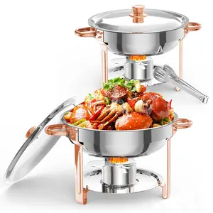 【GARVEE】5QT Round Chafing Dish Buffet Sets in Rose Gold Stainless Steel, Available in 2, 4, and 6 Pack Options, Includes Food Warmers with Lid Holder, Spoon, and Tweezers, Perfect for Parties, Weddings, Events, and Banquets