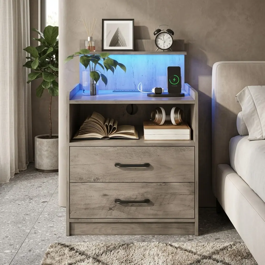 Modern RGB LED Nightstand Side Table - Solid MDF Wood, Gray, 2 Drawers, Open Storage, 15.7''D x17.7''W x28.7''H, Button-Controlled RGB Lights, Charging Station with USB Ports/AC Outlets, Easy-Care, Assembly-Required Bedroom Indoor Furniture
