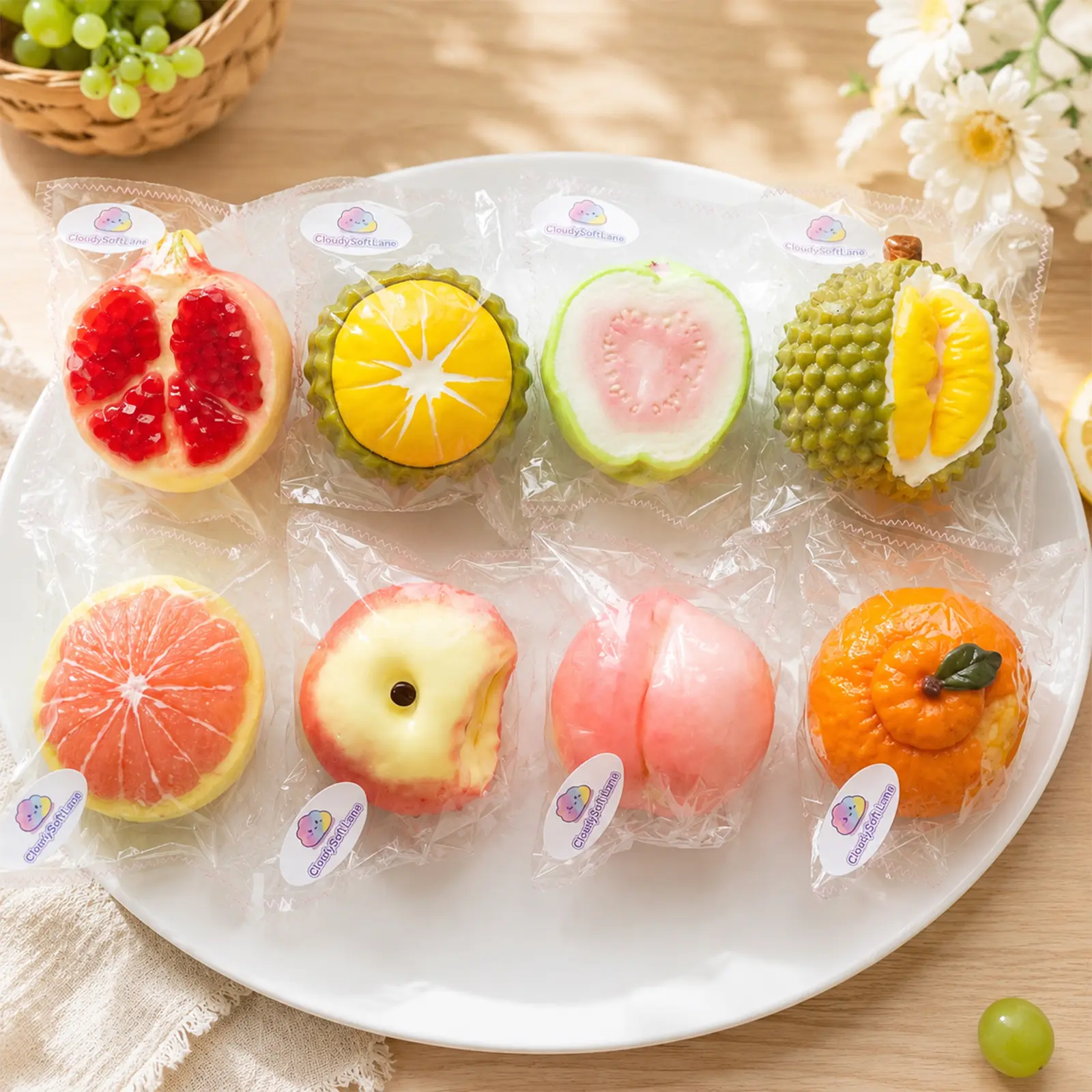 Fruit Squishy Toy, Slow Rising Stress Relief Fidget Toy, Soft Silicone Sensory Toy, Cute Fruit-Shaped Squeeze Toy, Peach Orange Durian, Gift for Kids & Adults