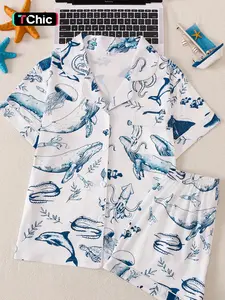 Women's Ocean Animal Print Pajama Set, Short Sleeve Button Front Top + Comfortable Shorts, All Seasons Pajamas Loose Fit Sleepwear