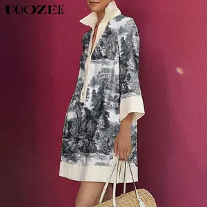 UOOZEE Women's 100% Polyester Long Sleeve Loose Printed Lapel Mini Dress Shirt Dress Summer Casual, Vacation Daily Multi-Occasion Wear Multicolor