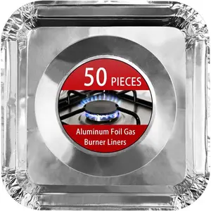 Aluminum Foil Gas Stove Burner Liners, 50 Pack Stove Burner Covers Disposable Square Stove Bib Liners Gas Rangetop Protectors Cooktop Replacement Keep Stove Clean Square 8.5"