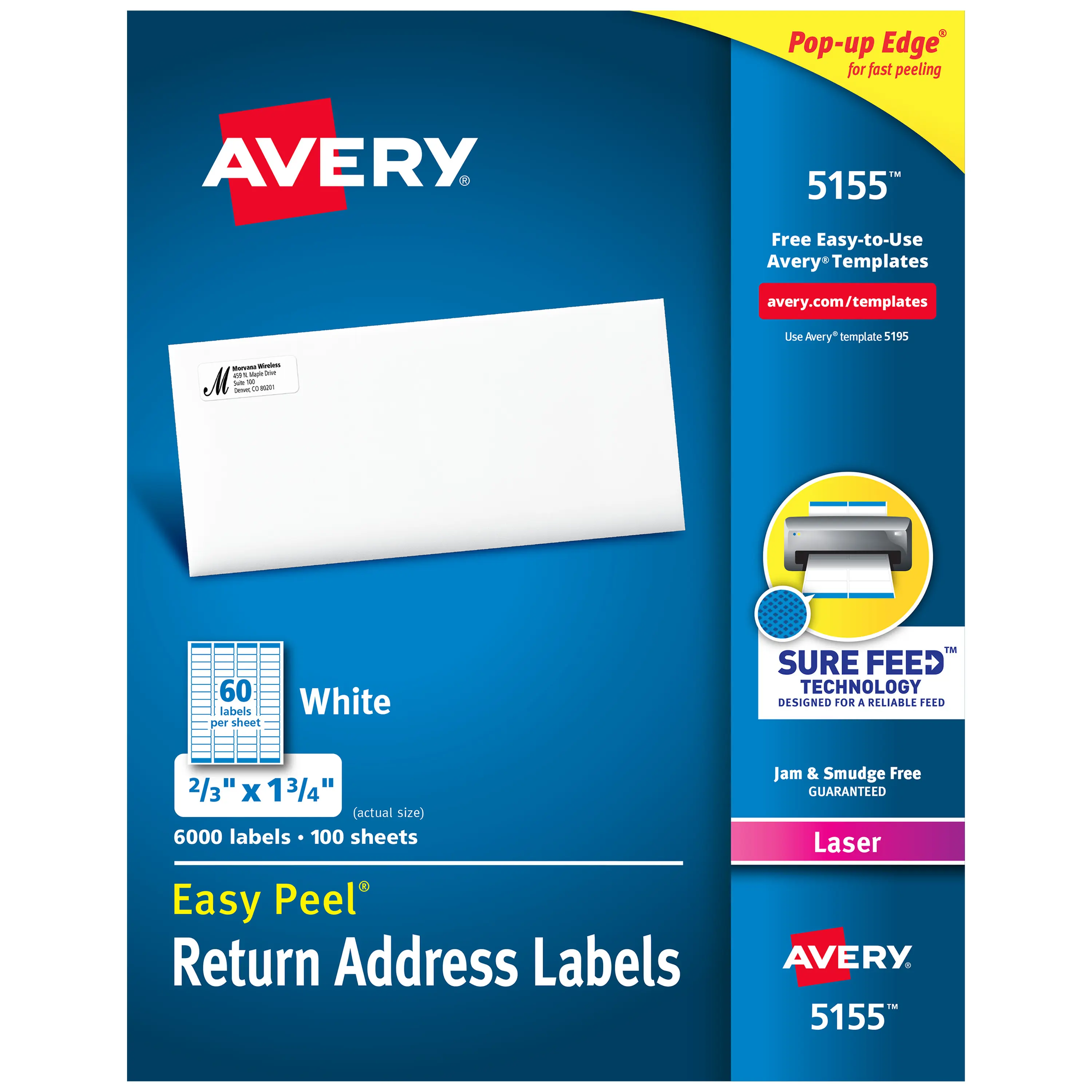 Avery Printable Return Address Label Stickers with Sure Feed, 0.5" x 1.75", White, 6000 Blank Mailing Labels (05155), Includes Labels
