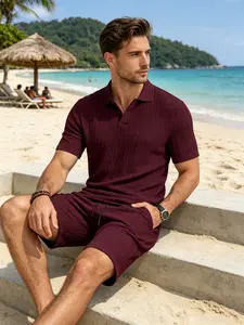 Men's Two-Piece Set, Summer Tropical Textured Jacquard Polo Shirt, Breathable Short Sleeve + Drawstring Shorts, Loose Fit Casual