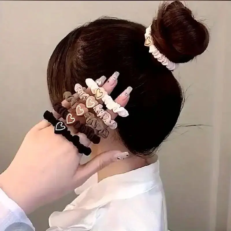 Female Heart-Shaped Scrunchie Headband Set - Retro Coffee Mixed Colors Elastic Hair Ties, High-Hold Small Intestine Hair Accessories for Everyday Simple Hairstyles, Elastic Bands