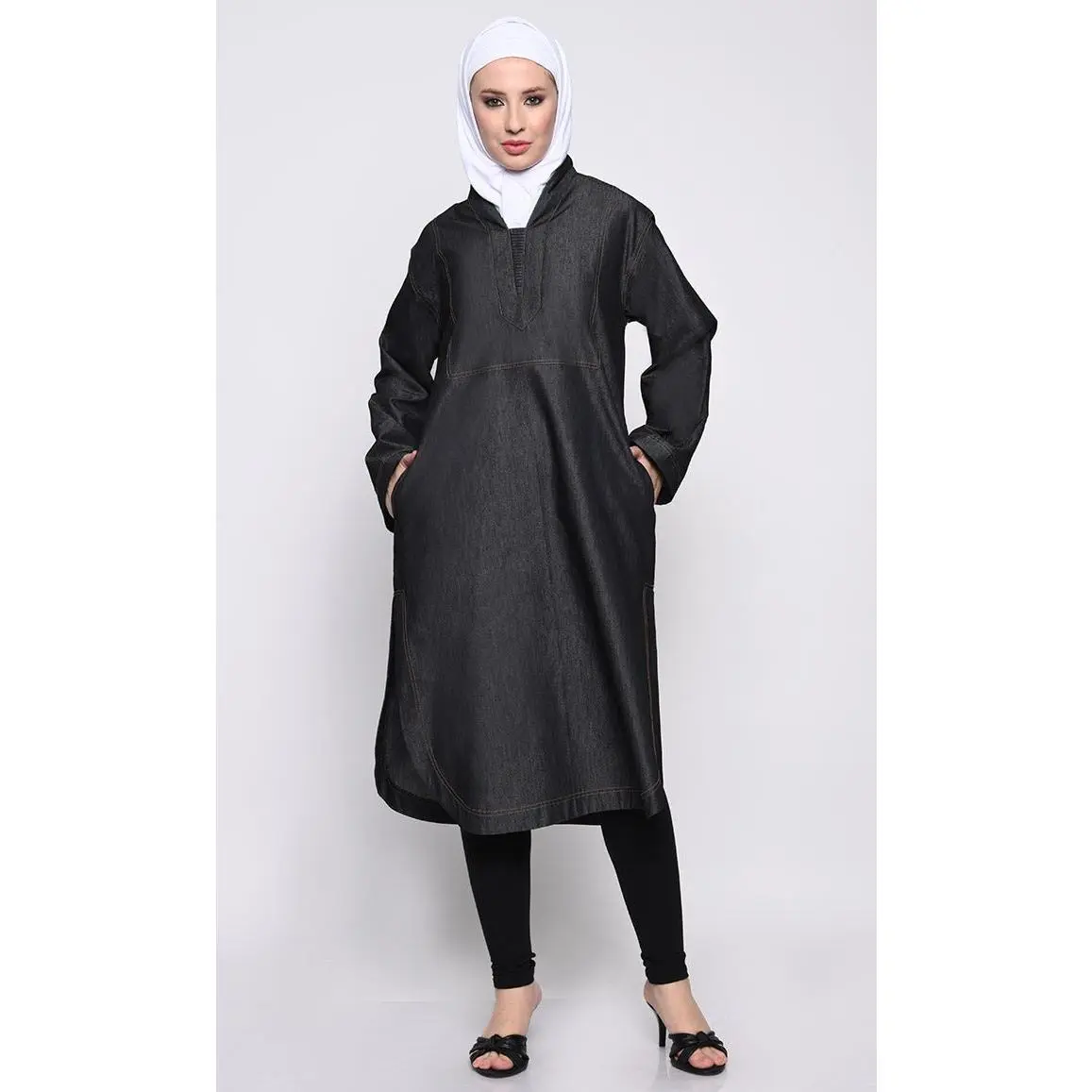 Contemporary Denim Tunic with V-Neck and Curved Hem
