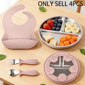 4-Piece Stainless Steel Cutlery Set for Infants, Baby Feeding Utensils, Silicone Feeding Utensils, Weaning Tools, Bib, Stainless Steel Plate, Fork, Spoon