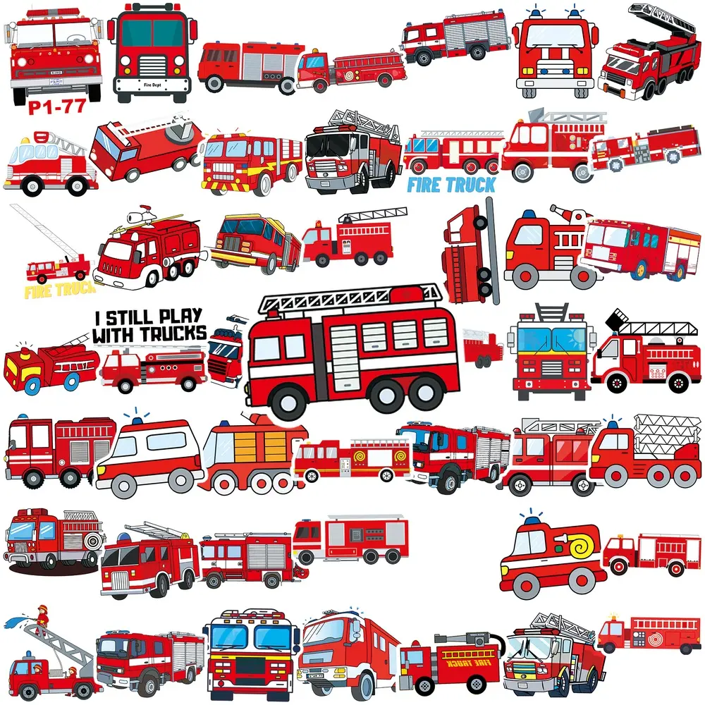 50Pcs Cartoon Fire Truck Vinyl Stickers, Kids Fire Engine Vehicle Decals, Waterproof Car Window Motorcycle Helmet Stickers, Water Bottle Laptop Skateboard Luggage Journal Stickers, Cool Fire Truck Sticker Pack Gift for Boys Toddlers Firefighter Fans