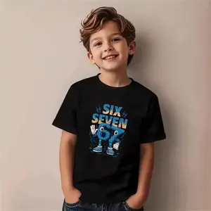 Teen Boy Mecha Robot T-Shirt with 67 Emoji Gesture Number Character Blue Lightning Fun Graphic Tee Gift