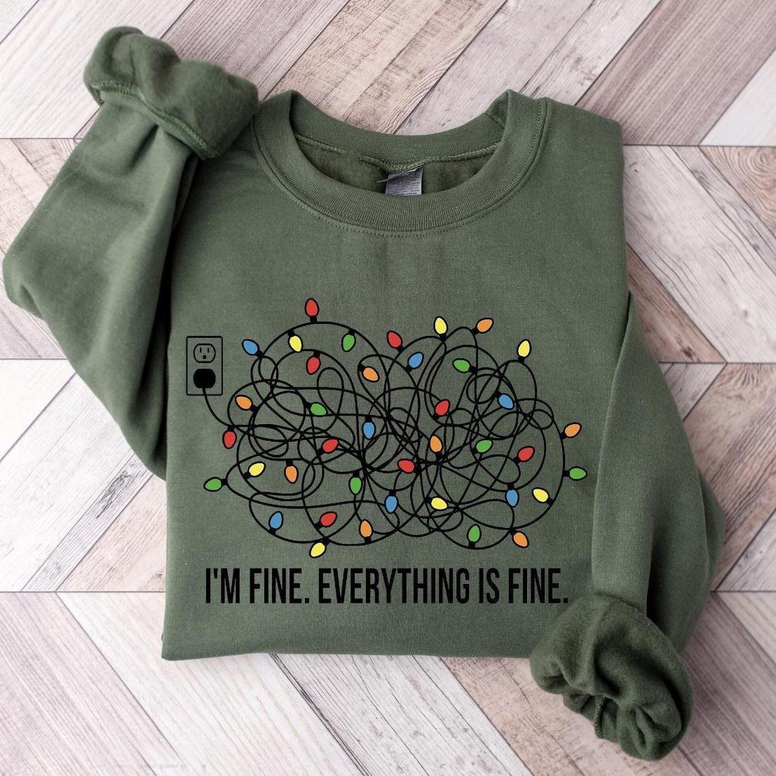 I’m Fine Everything is Fine Christmas Lights Sweatshirt, Trendy Christmas Season Graphic Design Unisex T-shirt Sweater Hoodie for Women for Men, Womenswear Menswear
