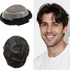 Hair System for Men Clear Poly Around Fine Mono Human Hair Toupee for Men 6" Length 120% Density Premium Soft Indian Hair