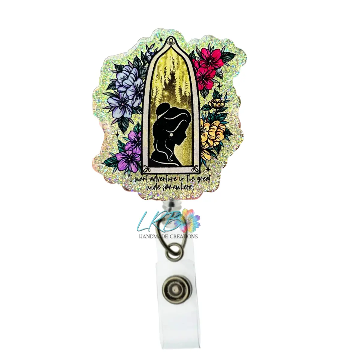 Princess Floral Window Badge Reel – Handmade Belle-Inspired Retractable ID Holder, Made to Order Fairytale Badge Clip, Badge Accessory for Medical, Nurses, Teachers & Office Staff