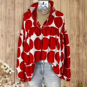 SageVell Boho Red Dot Print  Blouse, V - Neckline, Lantern Sleeves & Flowy Fit, Chic Casual Top Spring