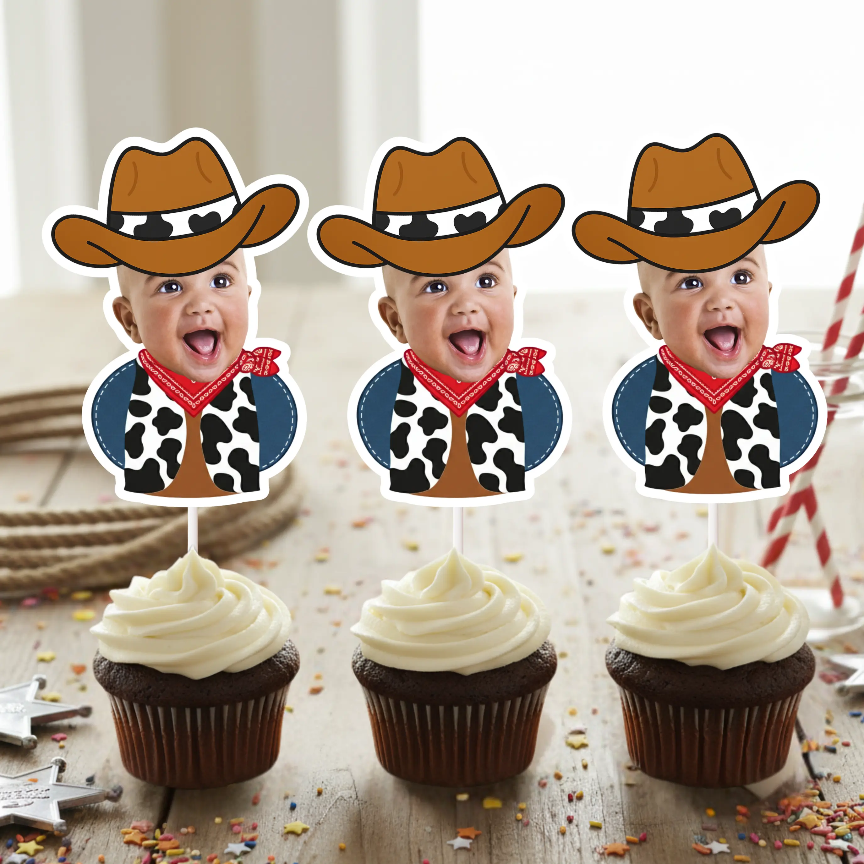 Cowboy Hat Face Cupcake Toppers – Personalized My First Rodeo Party Decor