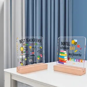 1pc/2pcs Back To School Season Teacher Gift Transparent Acrylic Ornament With Wooden Base, Perfect For Desktop Decoration, Office Decoration, Home Decoration, Back To School Party Decoration, Thank You Teacher Gift, Teacher'S Day Gift