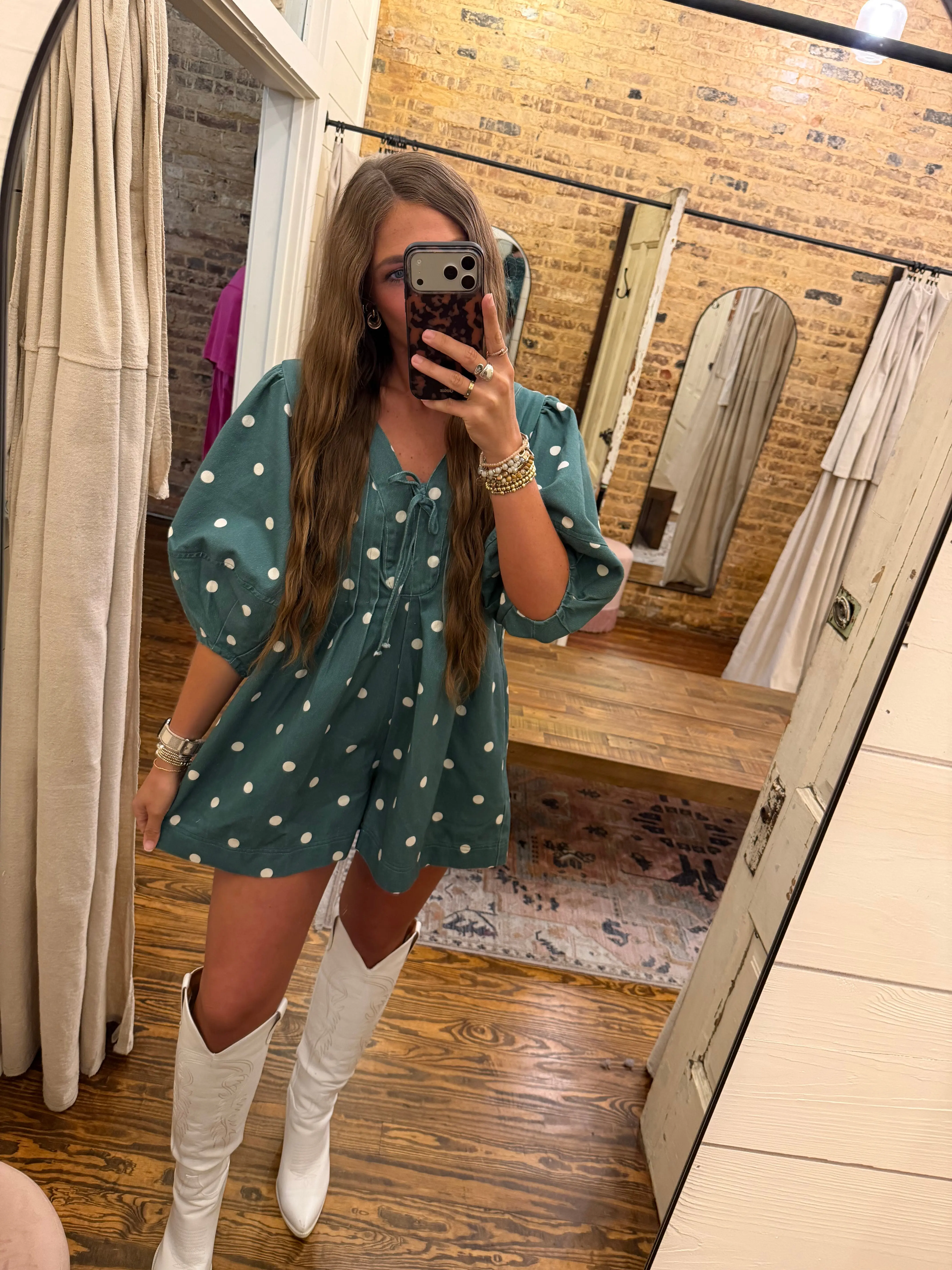 Pleated V-neck Dot Mini Romper Hunter Green