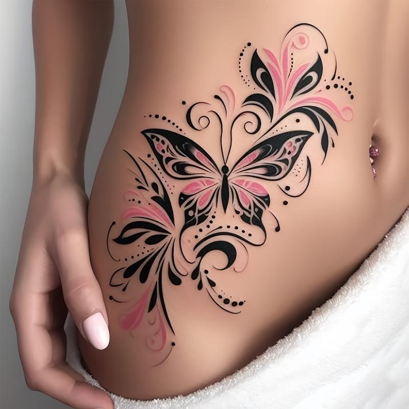 Waterproof 6-in-1 Temporary Tattoo Stickers Multi Pack, Chic Black & Pink Butterfly Designs, 6-Piece Kit with 3 Random Designs & 3 Bonus Items, Single Item Option for Beauty & Personal Care Makeup Use