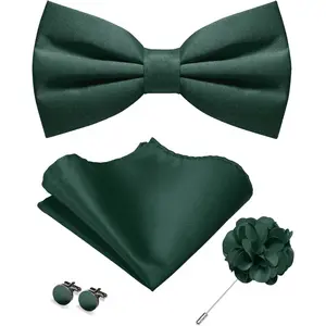Solid Color Pre-tied Bow Tie and Pocket Square Cufflinks Lapel Pin Sets for Men 4 count