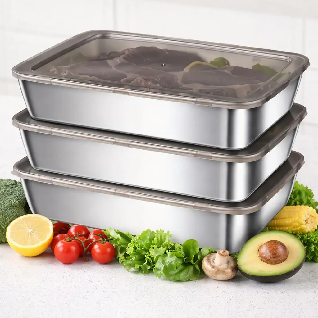 Stainless Steel Food Storage Containers with Clear Lids, Stackable Metal Meal Prep Trays, Leakproof Refrigerator Freezer Organizer Pans for Meat Vegetables, Reusable Kitchen Food Storage Box for Fridge Countertop