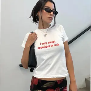 I Only Accept Apologies In Cash Baby Tee Heavy Cotton Iconic Slogan Top Y2k 90s Aesthetic Vintage Meme Tee Funny Graphic Crop Top Summer Tee