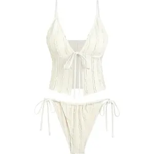 Women's Tankini Sets Tie Front Ruffle Bikini Set High Cut Thong Two Piece Swimsuit Floral Gingham Bathing Suit