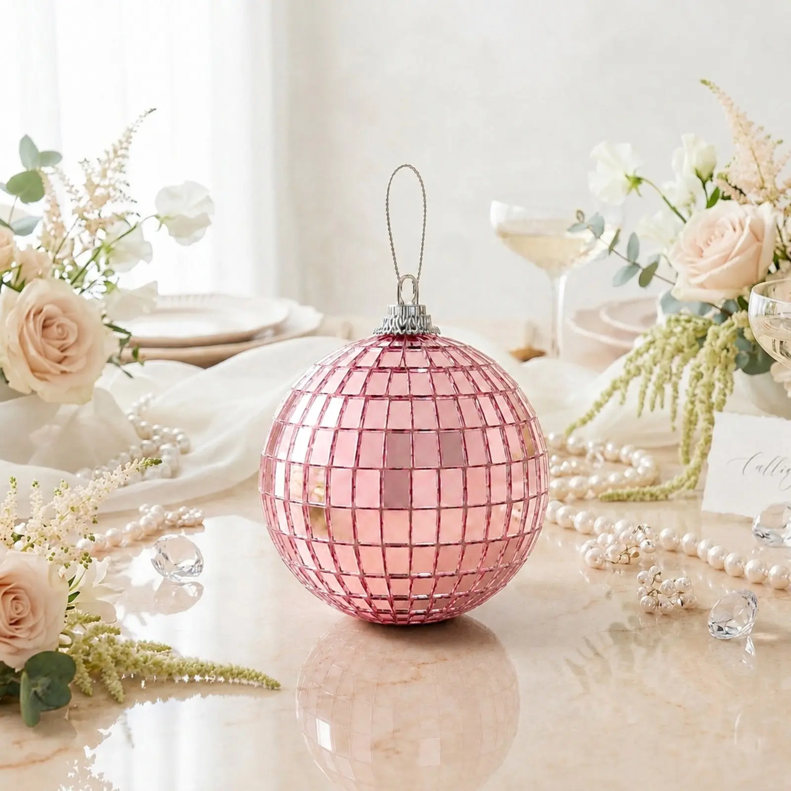 4 Pack Rose Gold Foam Disco Mirror Ball With Hanging Strings, Holiday Christmas Ornaments 6"