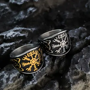 1pc 316L Stainless Steel 18K Gold Plated Ring, Steel Color And Golden Compass Men's Ring Finger Ring, Comfortable To Wear, Popular Viking Series Jewelry Accessories Holiday Gift