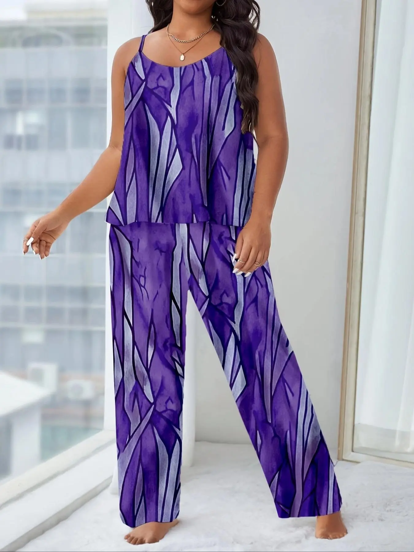 [Plus Size] All Over Print Cami Top & Elastic Waist Pants Pyjama Set, Casual Comfy Sleeveless Top & Trousers PJ Set, Women's Sleepwear for All Seasons, Relaxed Fit Sleepwear, Effortless Loungewear, Pajamas, Loose Fit Sleepwear