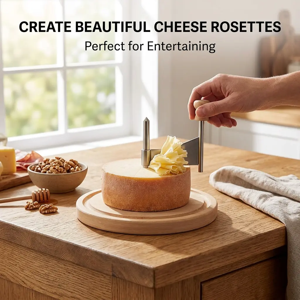 littleox Cheese Curler with Wooden Base Stainless Steel Girolle Cheese Shaver Wheel for Tete de Moine Chocolate Sharp Blade Rose Shaped Cutter Home Restaurant Cafe Dessert Shops