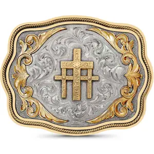 Antiqued Three Cross Belt Buckle, German Silver, Cross Design, Bronze Scrolls