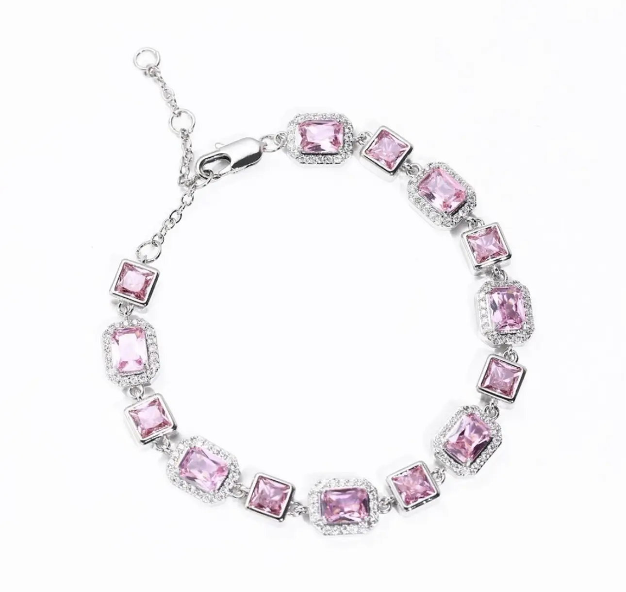 Sazaya Products Pink Crystal Tennis Bracelet for Women – 8 Inch (20 cm) Silver Tone Link Bracelet with Emerald Cut & Princess Cut Pink Crystal Stones, Elegant Fashion Jewelry for Everyday Wear, Parties & Gift Giving