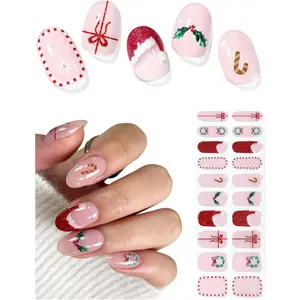 Semi Cured Gel Nail Strips (Cute Christmas), Red Santa Hat, 20 Pcs Gel Nail Wraps, Stickers, Wreath, Snowflake, Candy Cane, Works with Any UV Lamps