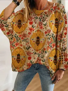 Women's Bee Floral Printed Round Neck Long Sleeve Knit Top, Casual Elegant Vacation Style, Loose Batwing Shoulder Design, Spring Summer Fall Fashion