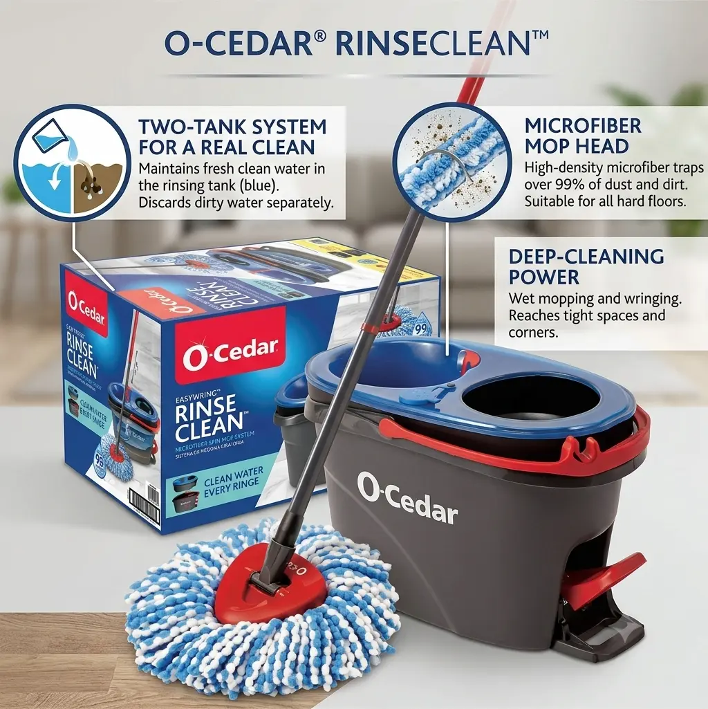 O-Cedar RinseClean Spin Mop With 2-Tank System and Microfiber Mop Head