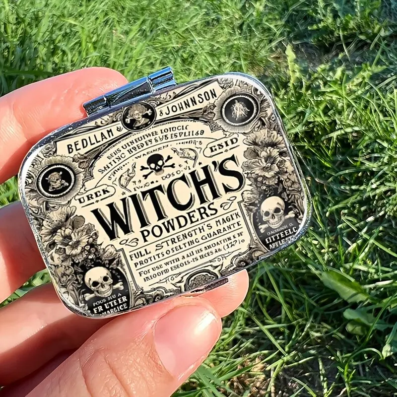 Vintage Gothic Skull Pill Case with Mirror, 2-Compartment Plastic Organiser, Portable Travel & Storage Box for Halloween & Goth Lovers, Witchy Themes, Vitamin Organizer, Vitamin Dispenser, Supplement Organizer