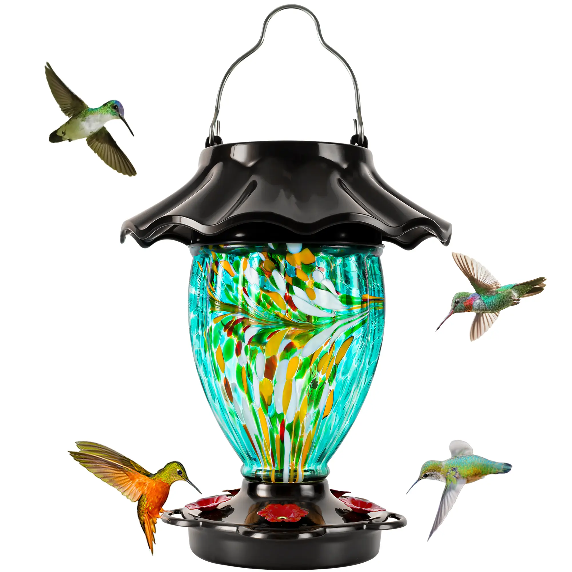 LUJII Solar Powered Color Changing Hummingbird Feeder for Outdoors Hanging, Hand Blown Glass Reservoir, 32 fl.oz, Never Leak, Illuminated Lantern for