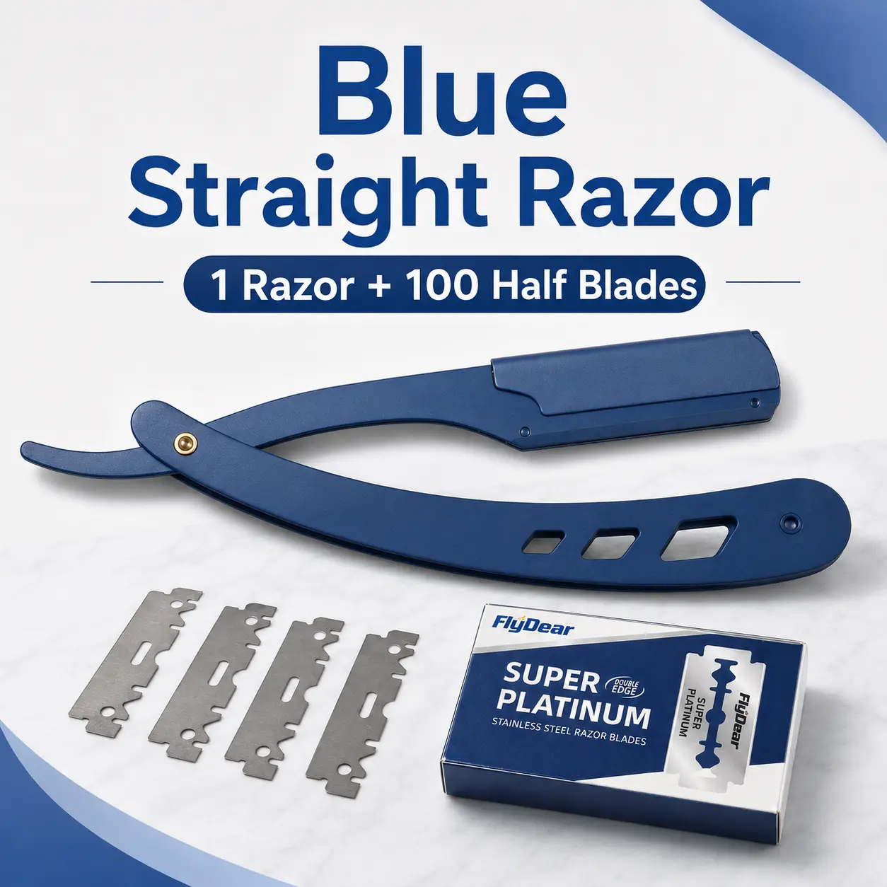 Men's Professional Barber Straight Razor Set - Blue Stainless Steel Shavette with Handle, 100 Safety Blades, Reusable Manual Shaving Tool for Beard Shaping, Edging & Travel Beard Grooming Tools, Razors Set, Smooth Shave, Honey, Adults