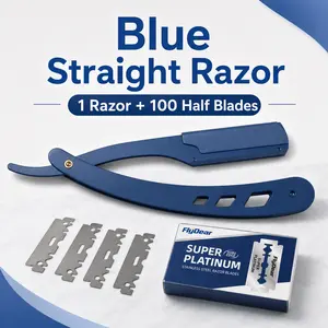 Professional Barber Straight Razor for Men, Blue Stainless Steel Shavette with 100 Safety Blades Included, Reusable Manual Shaver Kit for Beard Shaping, Edging, Daily Grooming & Travel head body Set shaving gear
