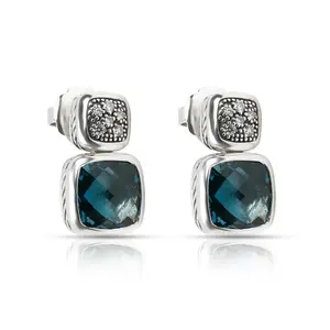 Pre-owned NY154588 David Yurman Sterling Silver Topaz And Diamond Chiclet Earrings