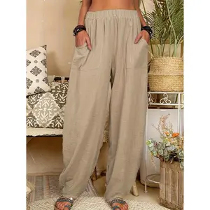 A comfortable and casual women's elastic waistband with pockets, solid color straight leg carrot pants, perfect for daily versatility and outdoor travel