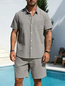 Men's Summer Tropical Linen Jacquard Loose Striped Short-Sleeve Shirt and Beach Shorts Set