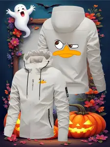 Men's Hooded Windbreaker Jacket, Polyester, Trendy Street Fashion, Adjustable Drawstring, Casual Outerwear for Travel & Daily Wear, Comfortable Graphic Coat