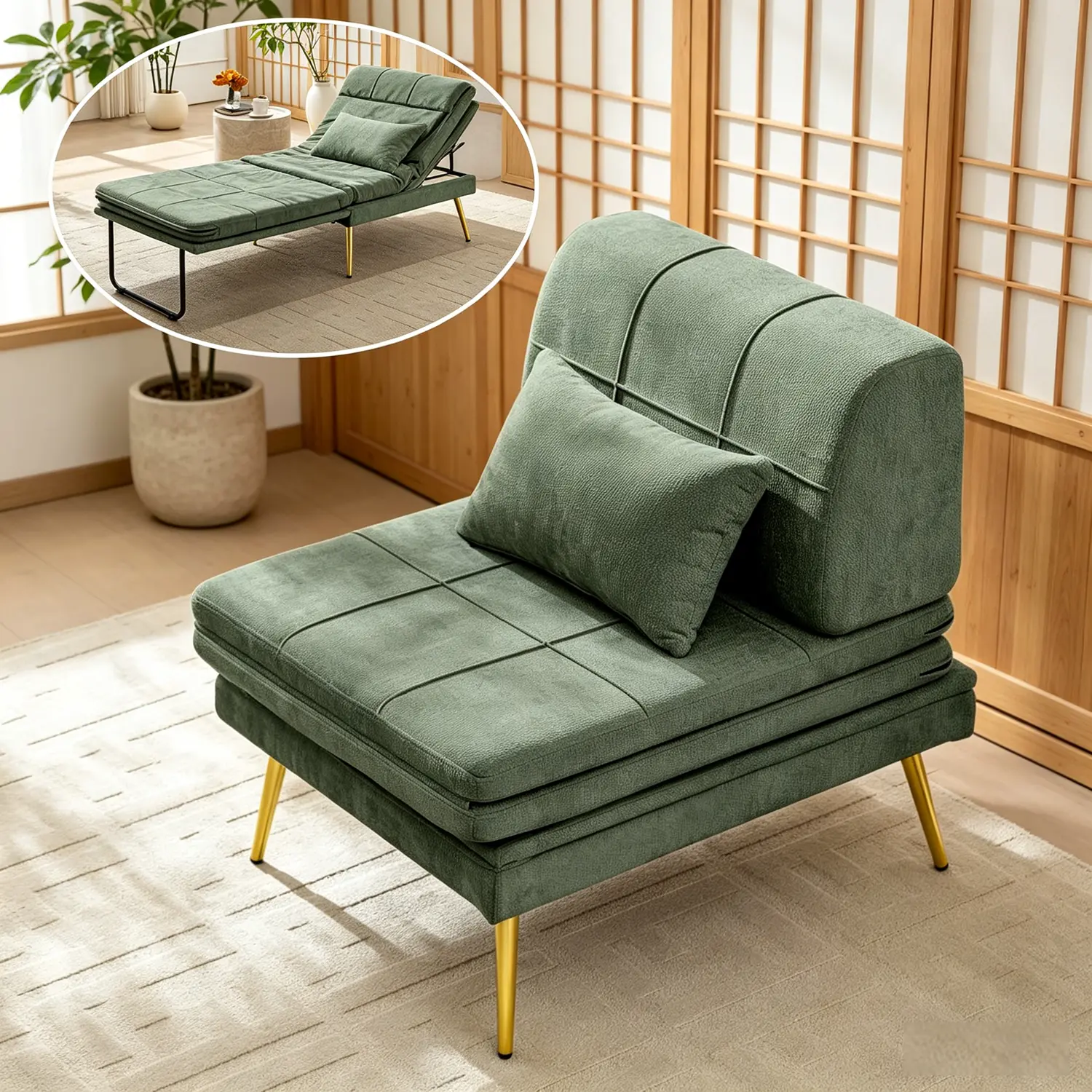 Wanan 3-in-1 Convertible Sleeper Chair Bed, Foldable Futon Sofa Chair with Pillow, Solid Wood Frame & Metal Legs, Comfy Single Reading Lounge Chair for Adults, Living Room Bedroom Small Space