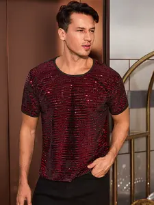 INSPIRE CHIC Men's Sparkling Sequin T-Shirt Disco Lightweight Round Neck Short Sleeve Party Clubwear Glitter T Shirts