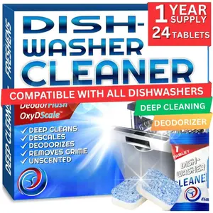 Dishwasher Cleaner Deodorizer Descaler Tablets, 24 pack Heavy Duty Deep Clean and  Limescale Remover, Dish Washer Cleaner Machine Pods, 12 Months