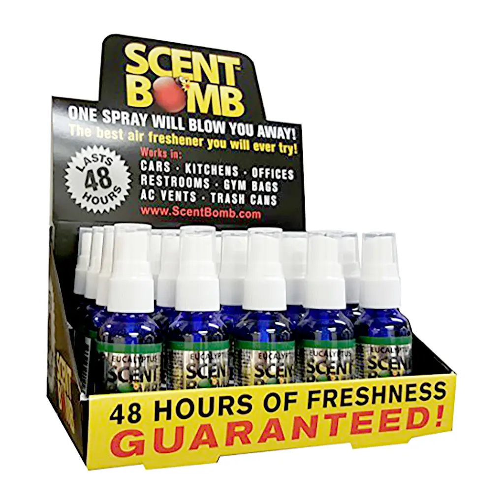 Scent Bomb Air Freshener Spray – Long Lasting Odor Eliminator for Car, Home & Office display of 20 bottle