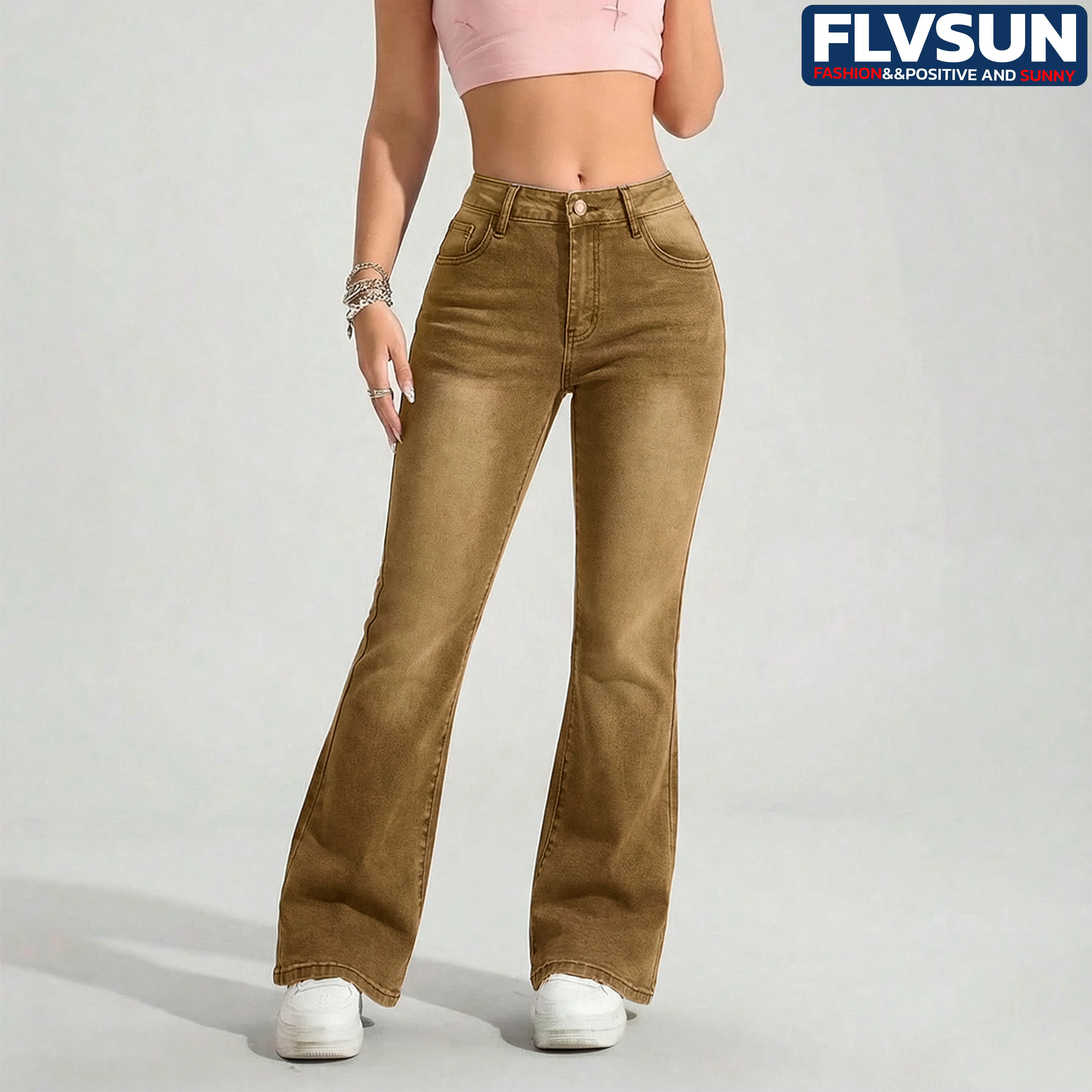 Flvsun Women's Basic Dark Wash Flare Jeans - Low Waist Bell Bottoms, Washed Stretch Denim, Minimalist Design, for Daily Casual Women's Fashion, Khaki Pants
